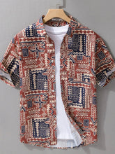 Men's Plus Size Printed Button Up Short Sleeve Shirt Dark Red/blue / M