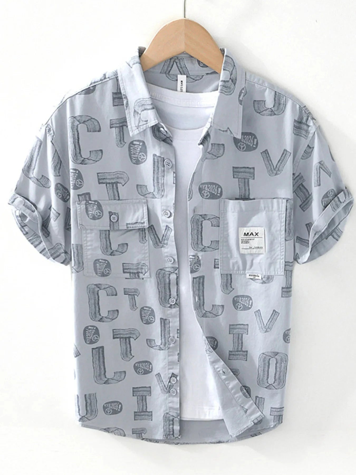 Men's Plus Size Printed Button Up Short Sleeve Shirt Gray / M