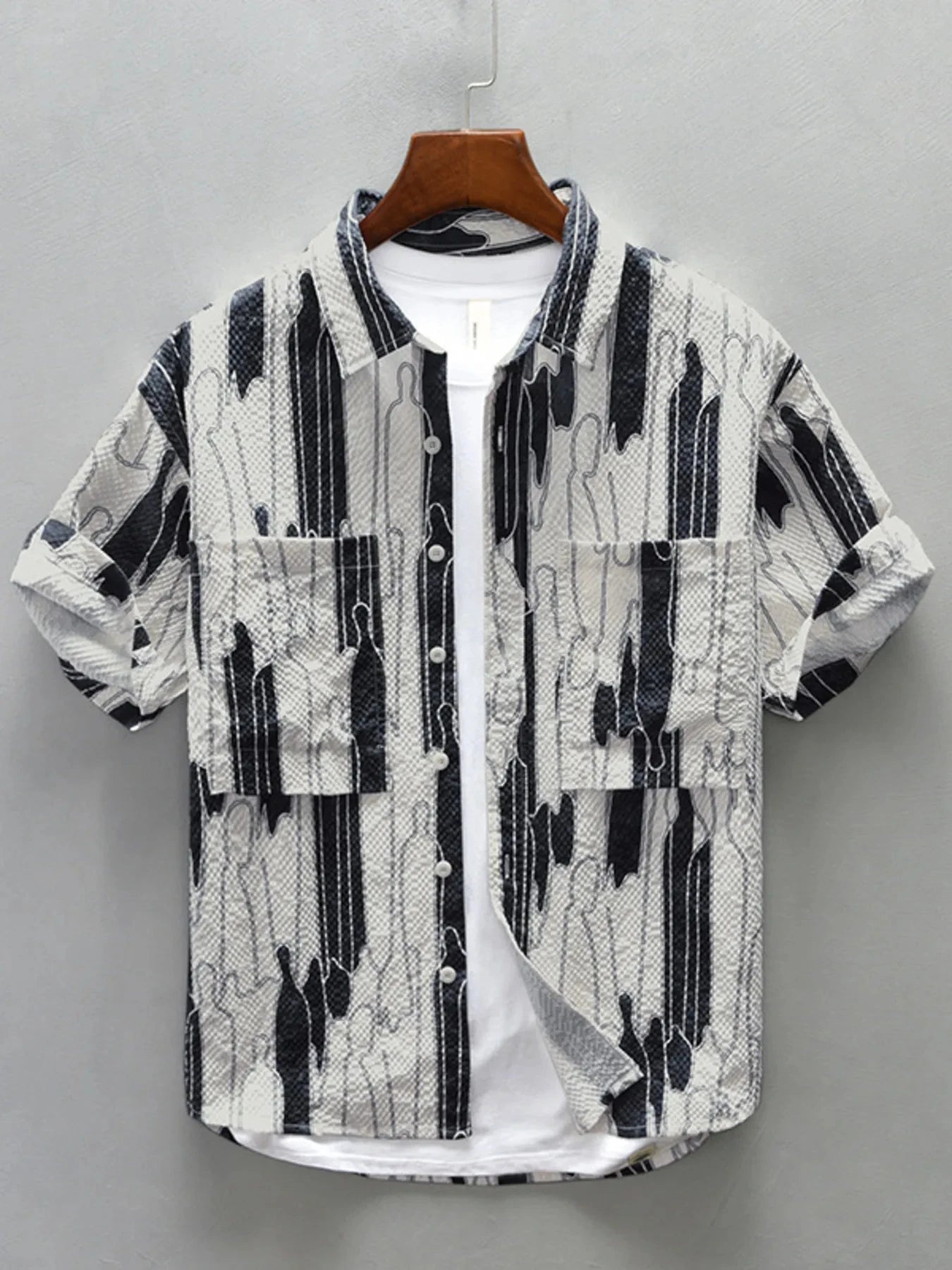 Men's Plus Size Printed Button Up Short Sleeve Shirt Off-white / M