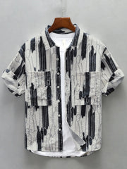 Men's Plus Size Printed Button Up Short Sleeve Shirt Off-white / M
