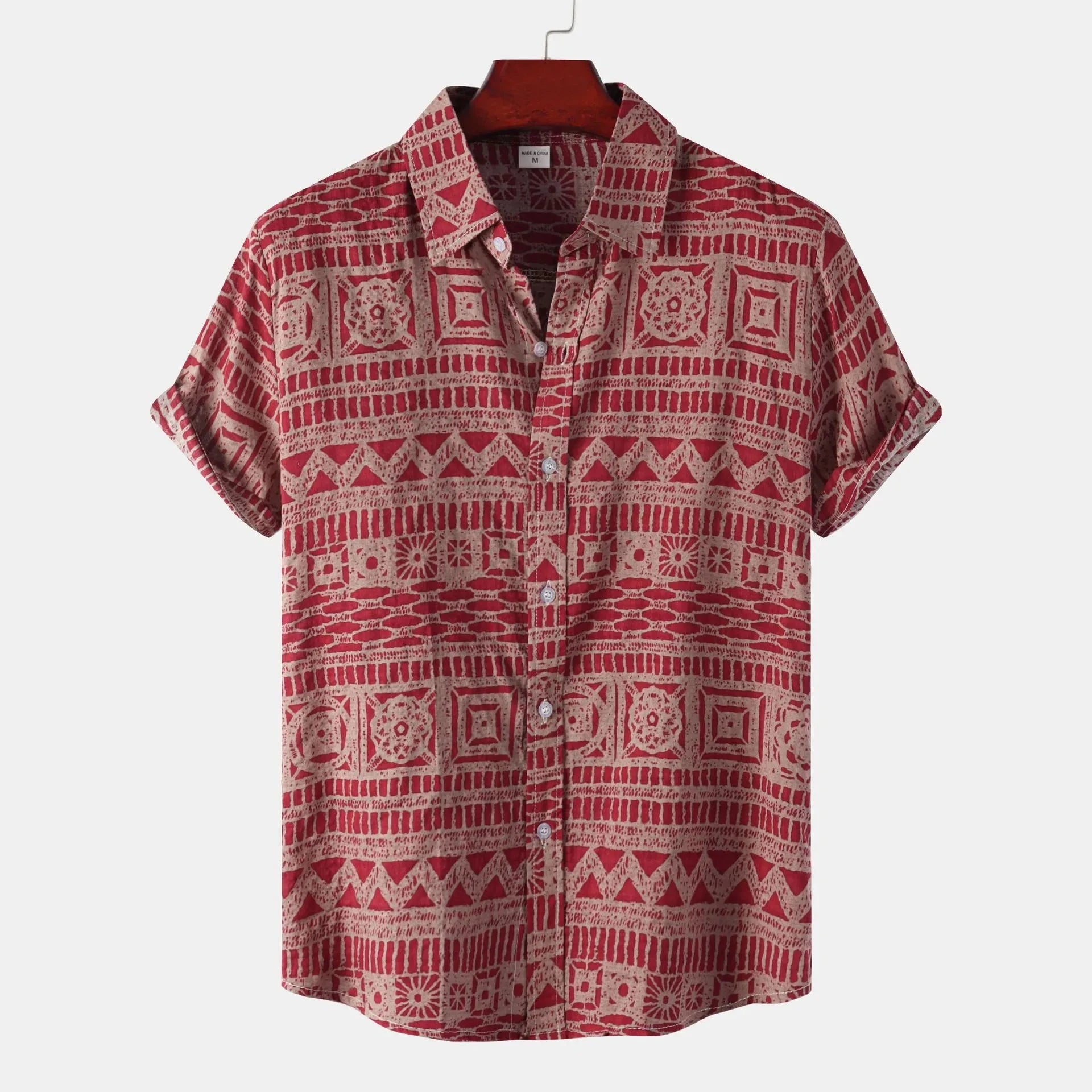 Men's Plus Size Printed Button Up Short Sleeve Shirt Red / M