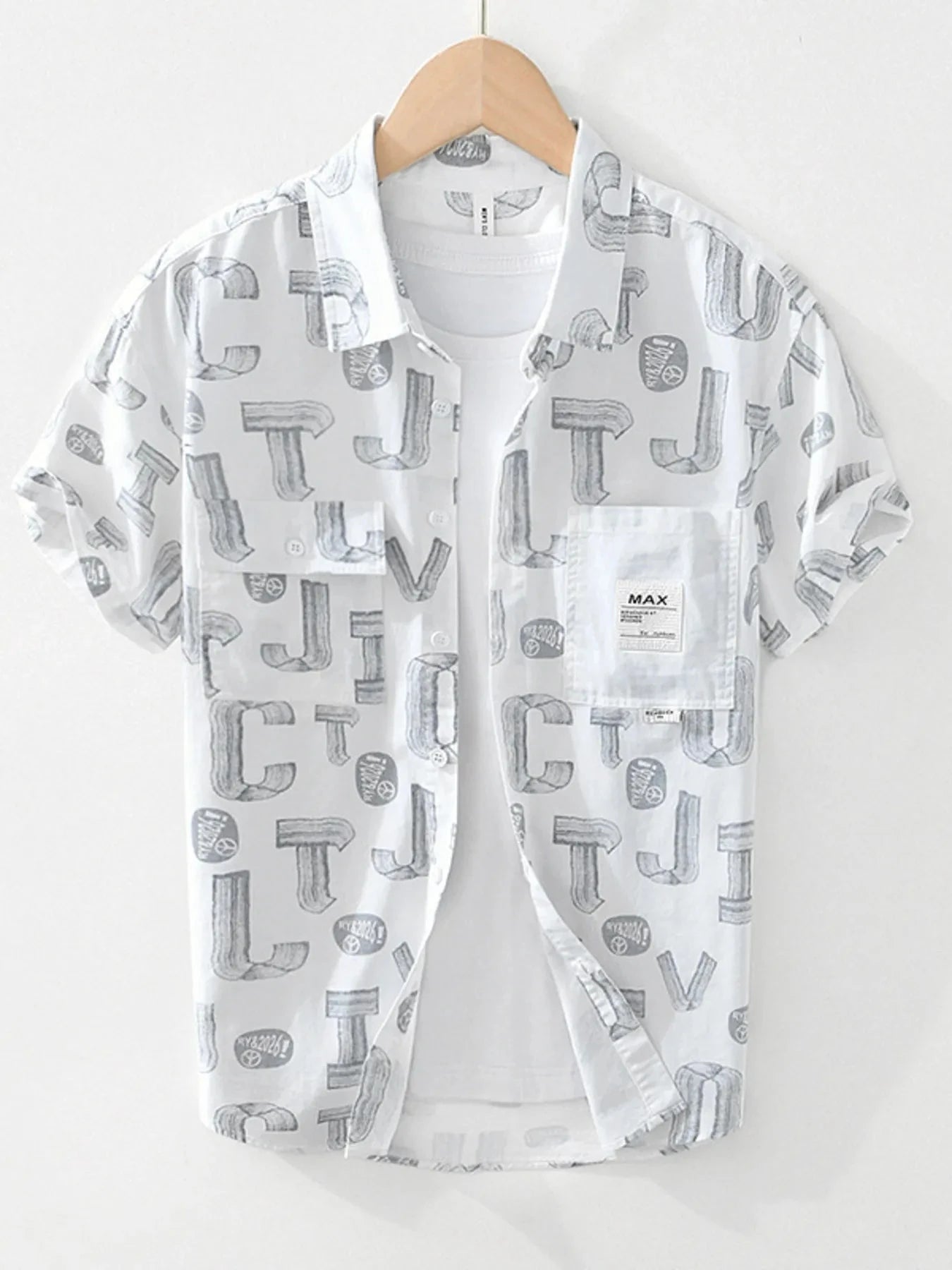 Men's Plus Size Printed Button Up Short Sleeve Shirt White / M