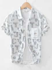 Men's Plus Size Printed Button Up Short Sleeve Shirt White / M