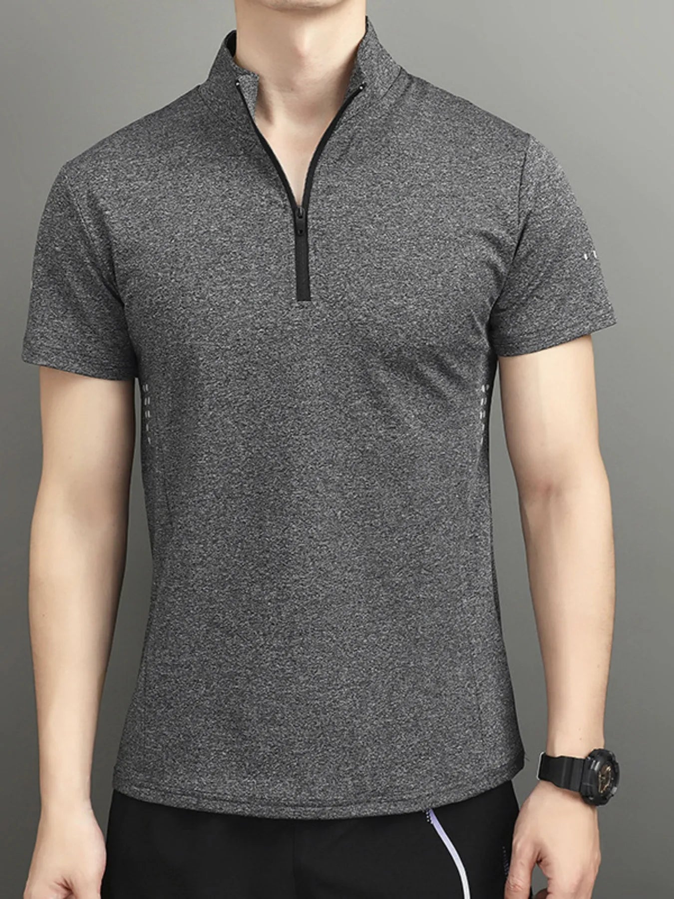 Men's Plus Size Quarter-Zip Short Sleeve Top Grey / M