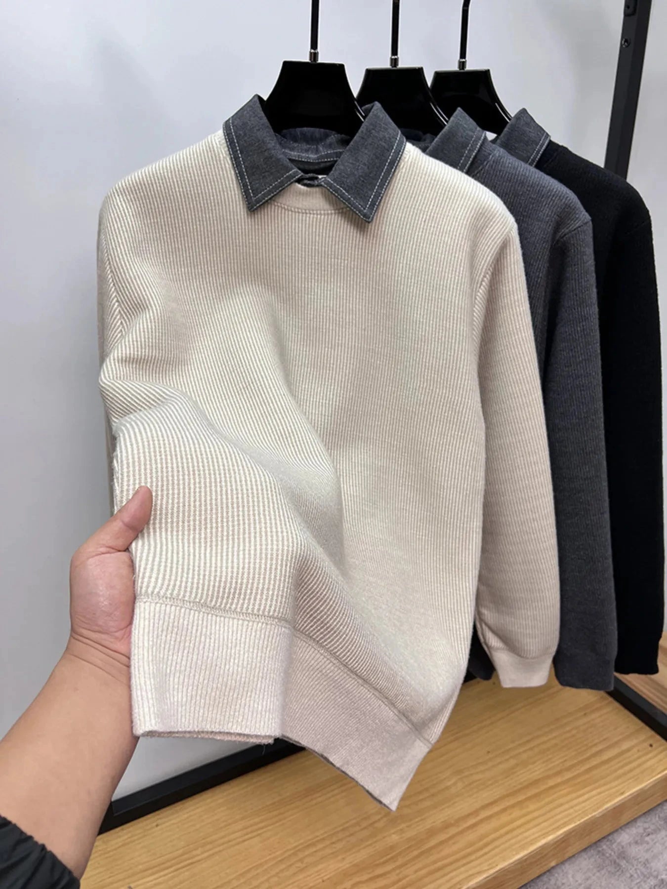 Men's Plus Size Ribbed Knit Collared Neck Sweater Plush Beige / M