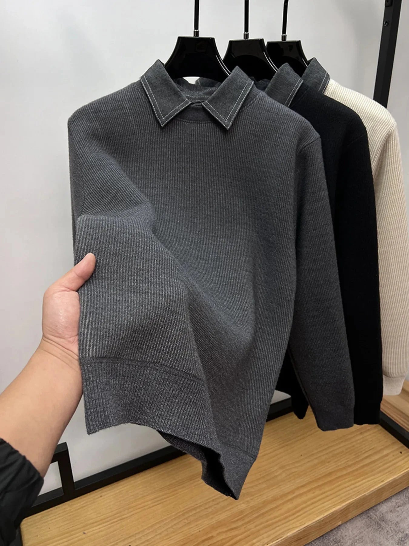 Men's Plus Size Ribbed Knit Collared Neck Sweater Plush Dark Gray / M
