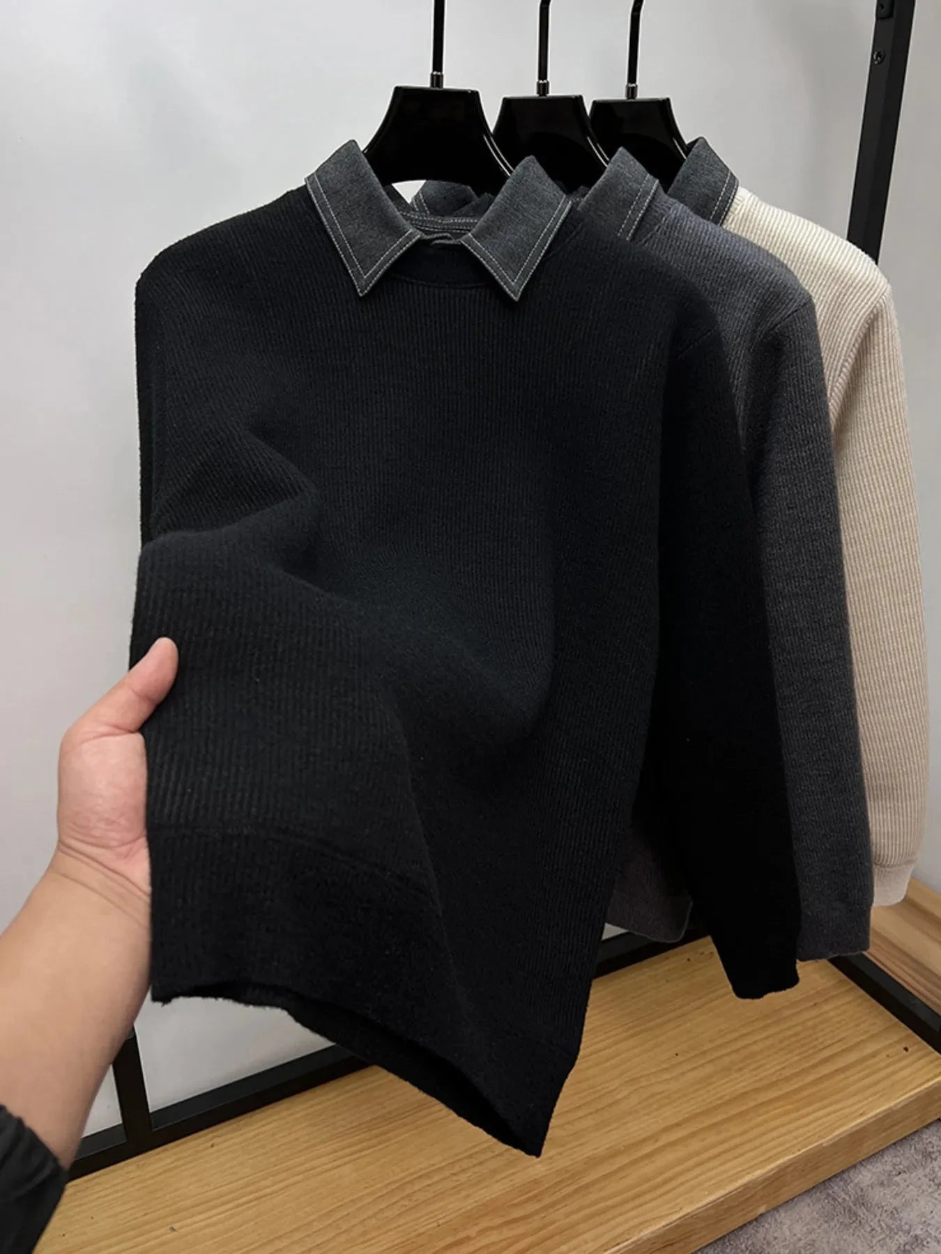 Men's Plus Size Ribbed Knit Collared Neck Sweater Velvet Black / M