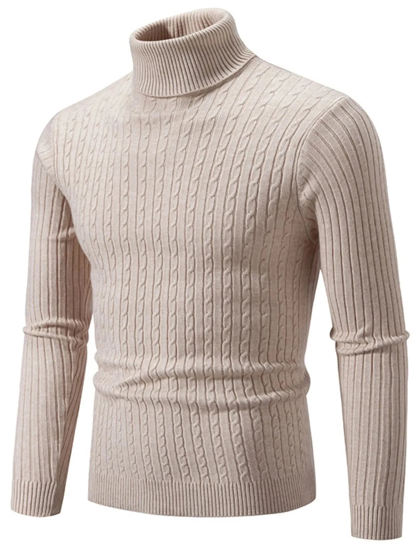 Men's Plus Size Ribbed Turtleneck Long Sleeve Sweater Khaki / M