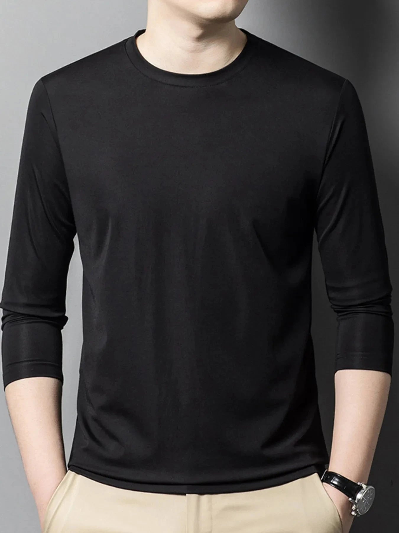 Men's Plus Size Round Neck Long Sleeve T-Shirt Black / M