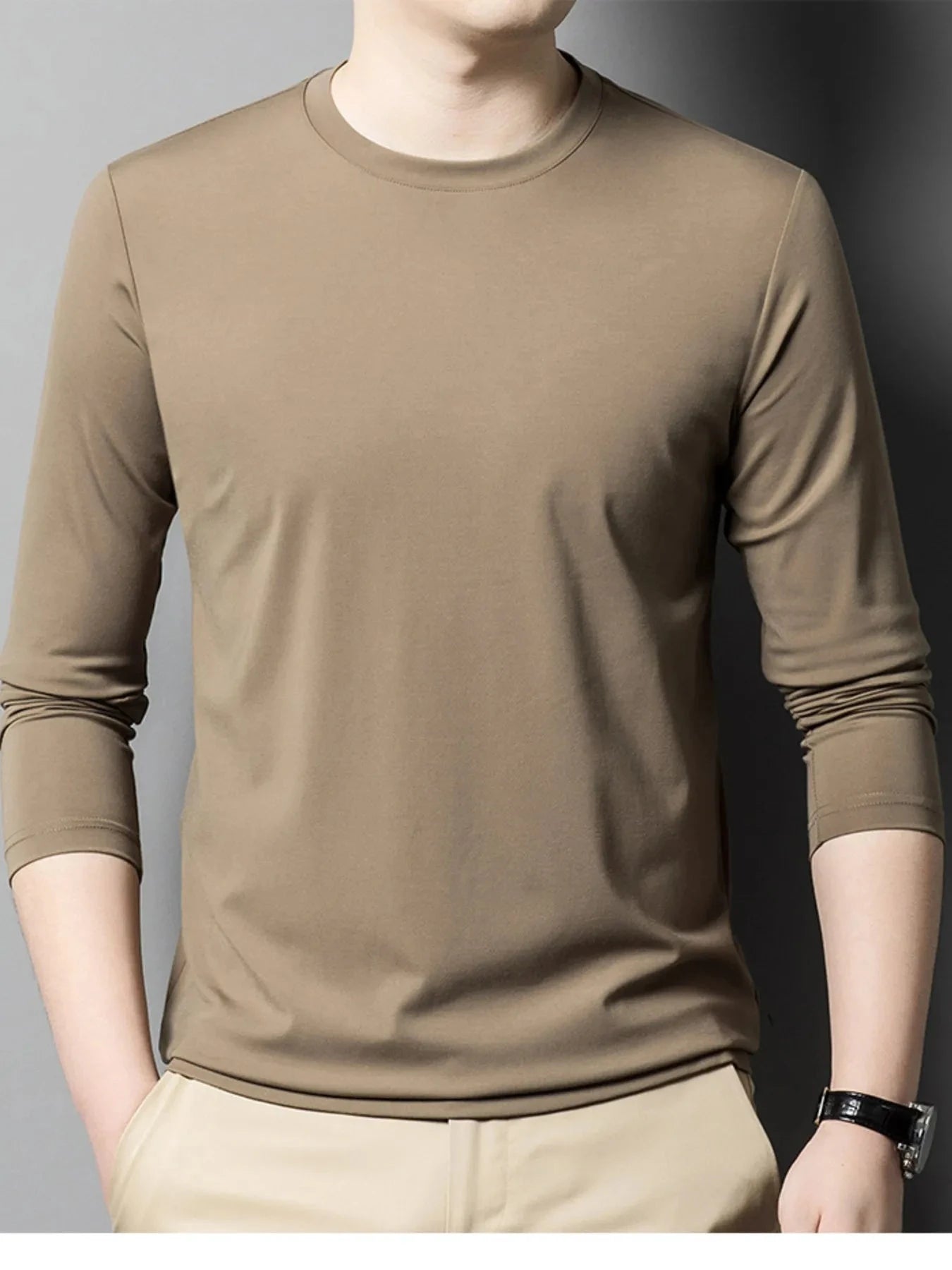 Men's Plus Size Round Neck Long Sleeve T-Shirt Khakis / M