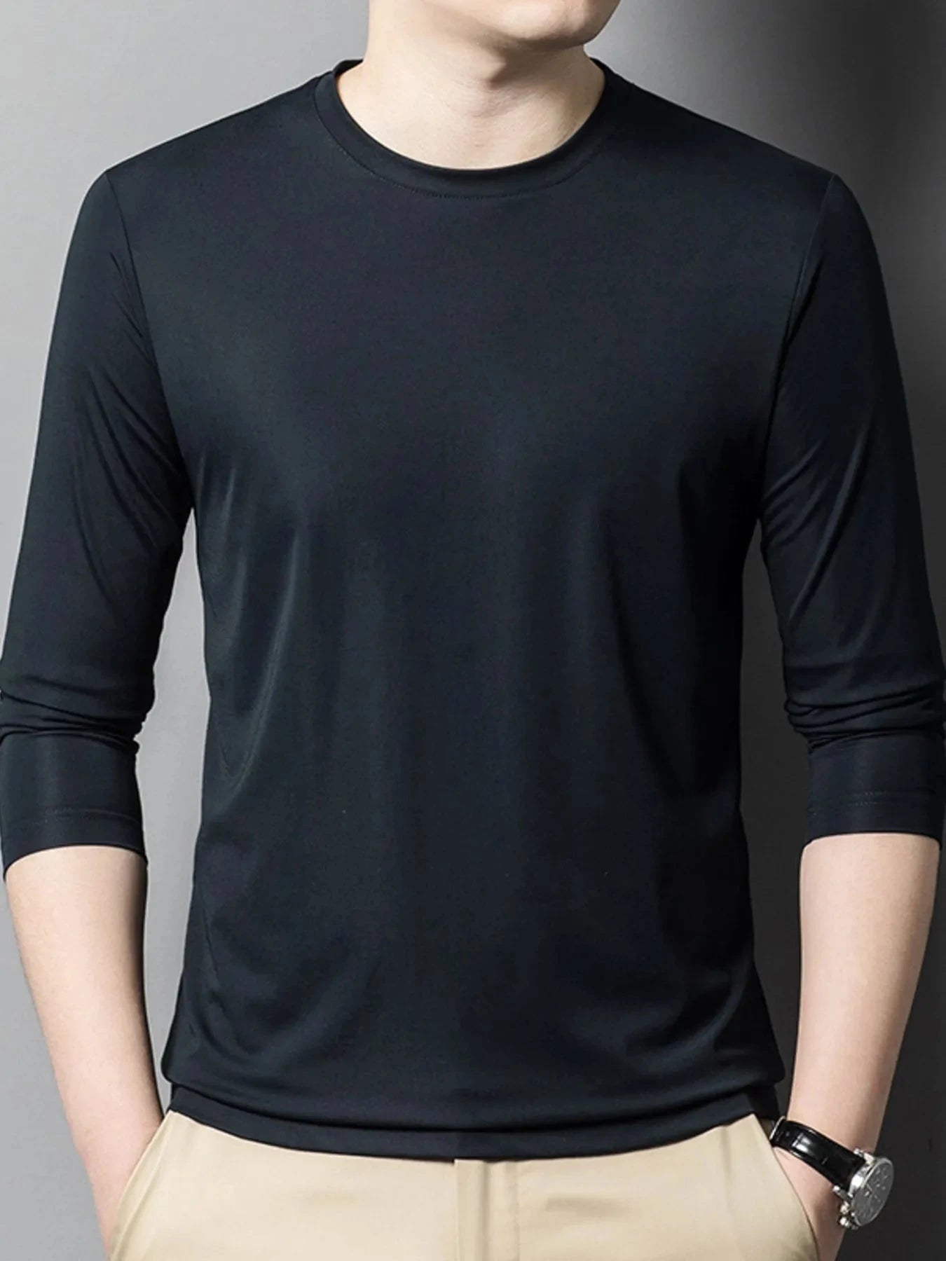 Men's Plus Size Round Neck Long Sleeve T-Shirt Navy Blue / M