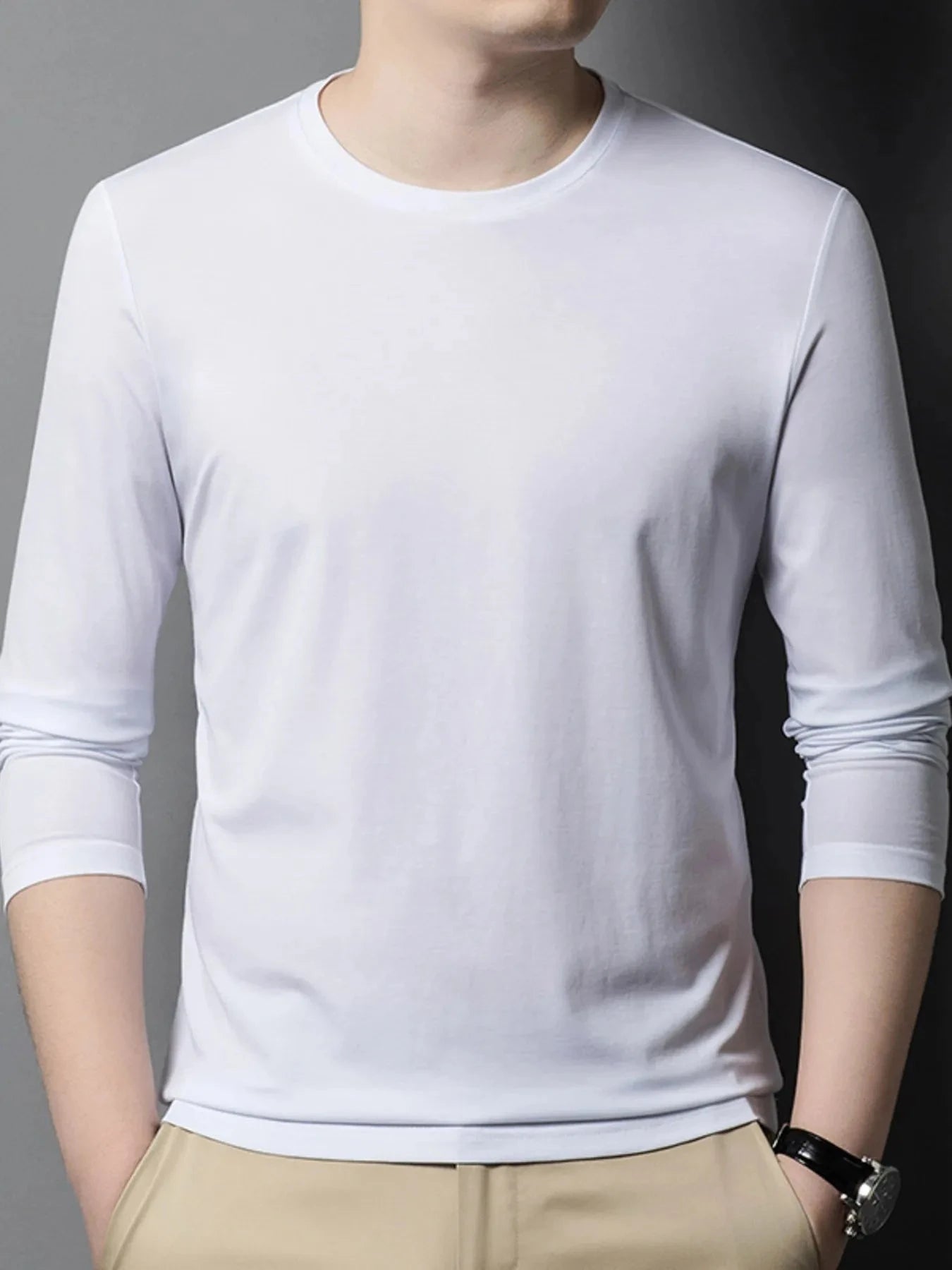 Men's Plus Size Round Neck Long Sleeve T-Shirt White / M