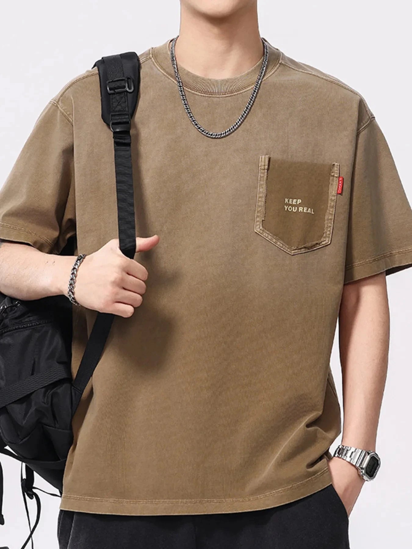 Men's Plus Size Round Neck Short Sleeve T-Shirt Khaki / M