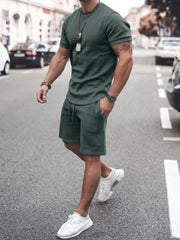 Men's Plus Size Round Neck Short Sleeve Top and Shorts Set Army Green / M