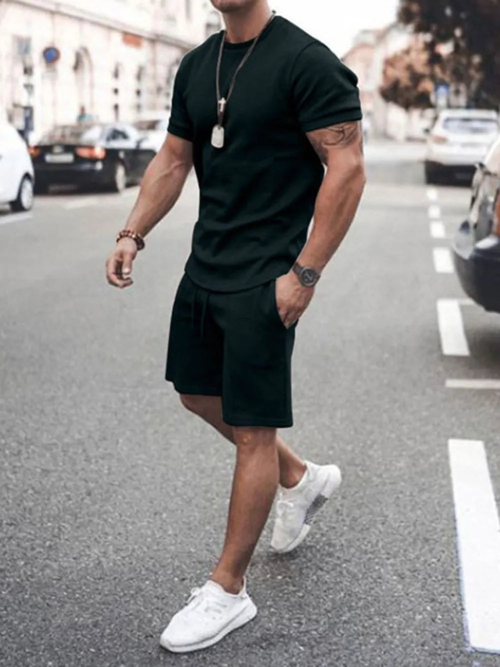 Men's Plus Size Round Neck Short Sleeve Top and Shorts Set Black / M
