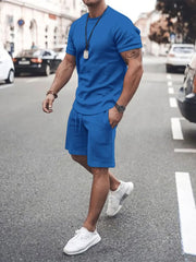 Men's Plus Size Round Neck Short Sleeve Top and Shorts Set Blue / M