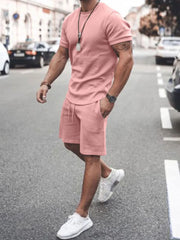 Men's Plus Size Round Neck Short Sleeve Top and Shorts Set Dusty Pink / M