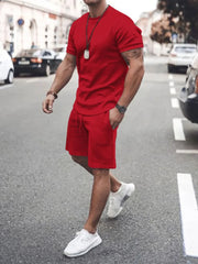 Men's Plus Size Round Neck Short Sleeve Top and Shorts Set Red / M
