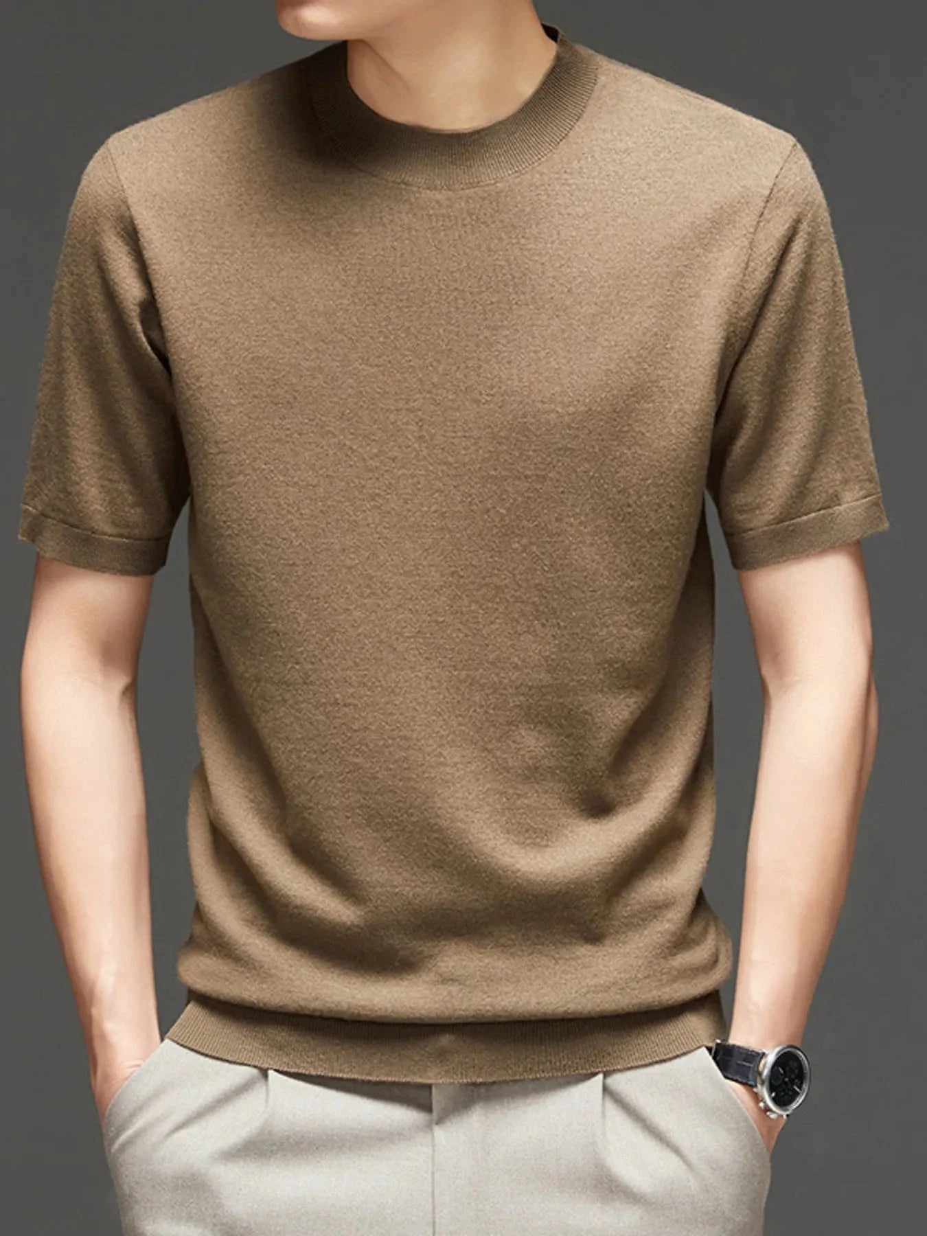 Men's Plus Size Round Neck Short Sleeve Top Khakis / M