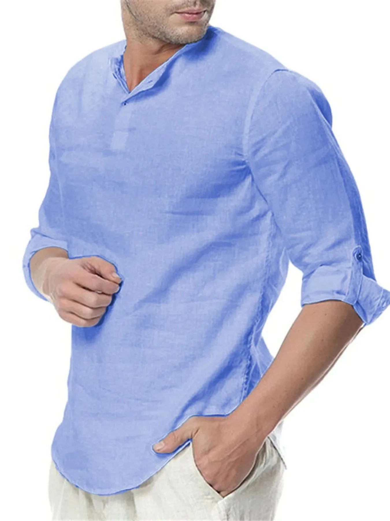 Men's Plus Size Solid Color Roll-Up Sleeves Blouse Light Blue / M