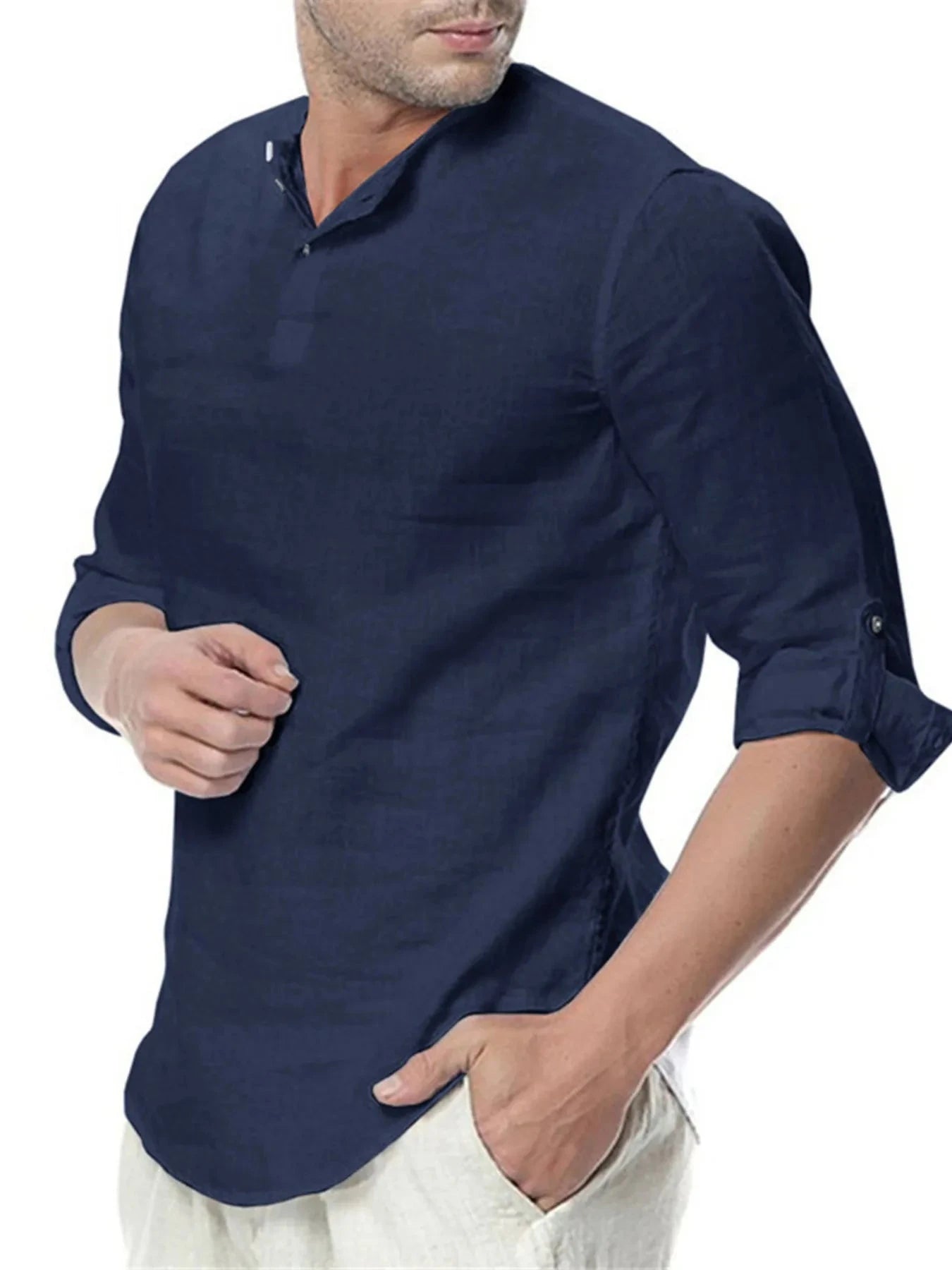 Men's Plus Size Solid Color Roll-Up Sleeves Blouse Navy Blue / M