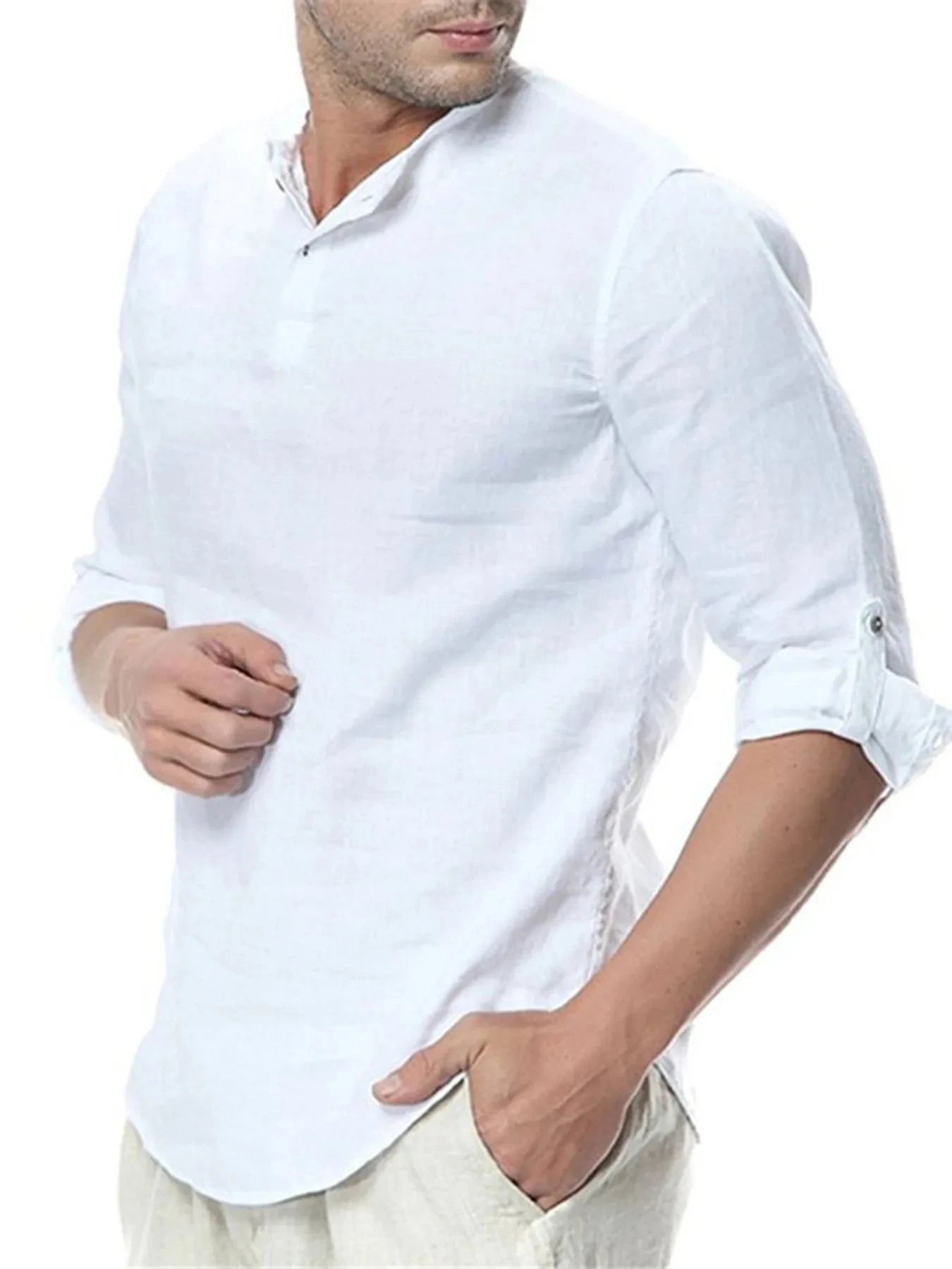 Men's Plus Size Solid Color Roll-Up Sleeves Blouse White / M