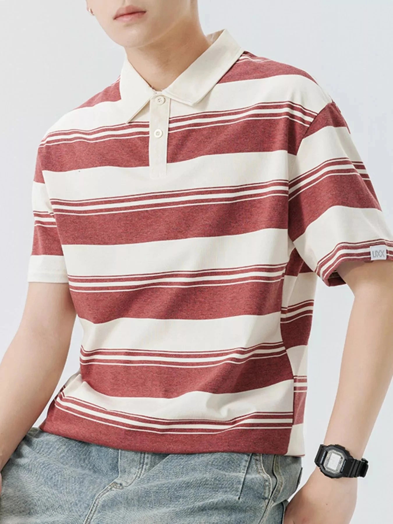 Men's Plus Size Striped Button Detail Short Sleeve Polo
