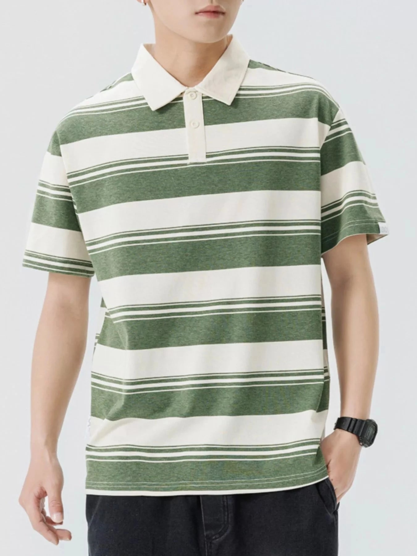 Men's Plus Size Striped Button Detail Short Sleeve Polo