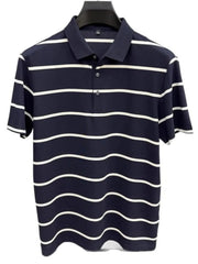 Men's Plus Size Striped Button Detail Short Sleeve Polo Blue And White Strips / M