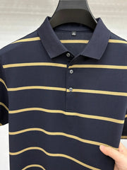Men's Plus Size Striped Button Detail Short Sleeve Polo Blue And Yellow Strips / M