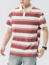 Men's Plus Size Striped Button Detail Short Sleeve Polo Burgundy / M