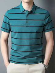 Men's Plus Size Striped Button Detail Short Sleeve Polo Green Blue / M