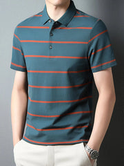Men's Plus Size Striped Button Detail Short Sleeve Polo Green Orange / M