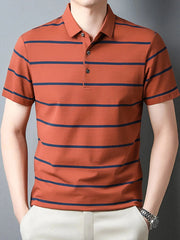 Men's Plus Size Striped Button Detail Short Sleeve Polo Orange Orchid / M