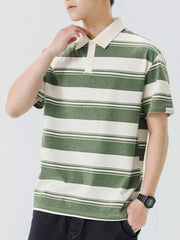 Men's Plus Size Striped Button Detail Short Sleeve Polo Wood Green / M