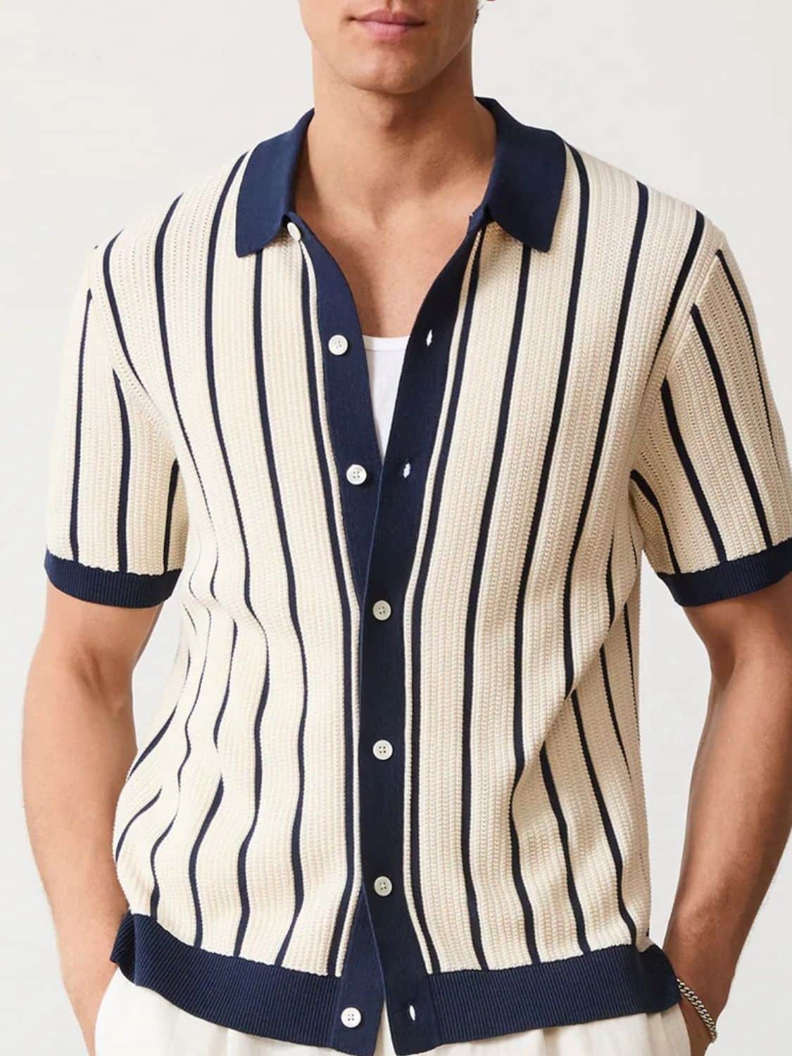 Men's Plus Size Striped Button Down Short Sleeve Shirt Navy / L