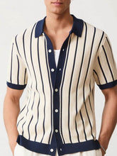 Men's Plus Size Striped Button Down Short Sleeve Shirt Navy / L