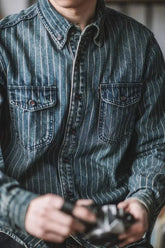 Men's Plus Size Striped Button Up Long Sleeve Denim Shirt Blue / M