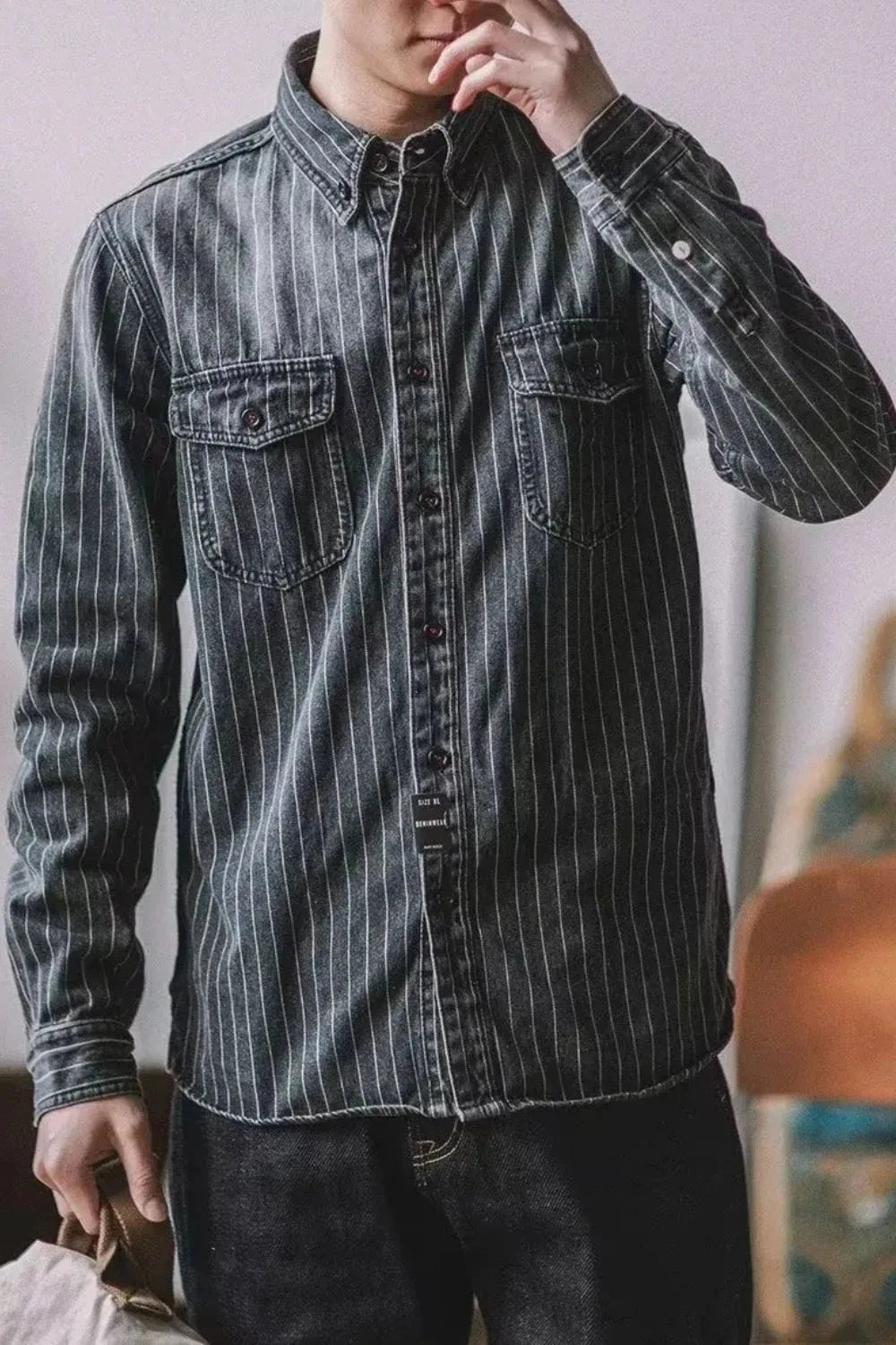 Men's Plus Size Striped Button Up Long Sleeve Denim Shirt Dark Gray / M