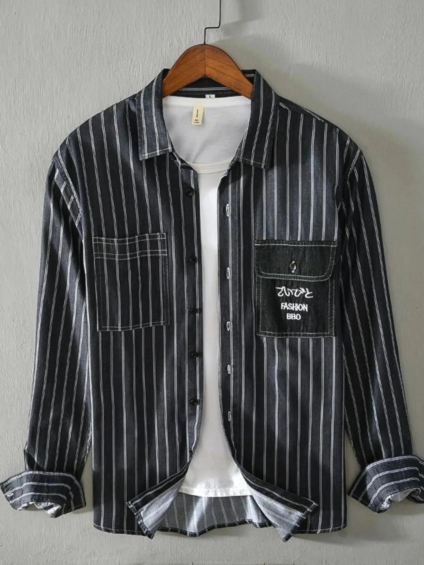Men's Plus Size Striped Button Up Long Sleeve Shirt Black / M