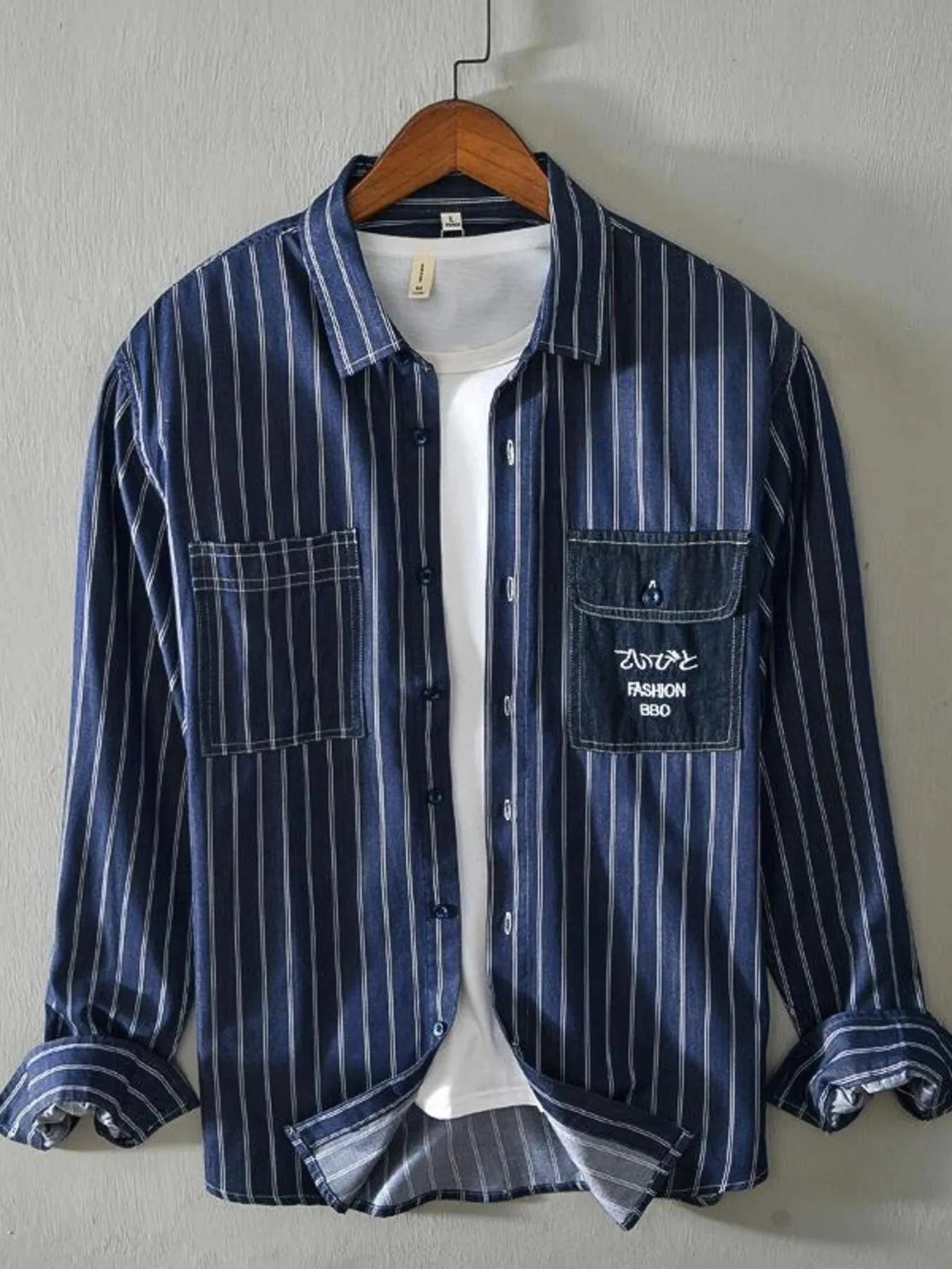 Men's Plus Size Striped Button Up Long Sleeve Shirt Blue / M