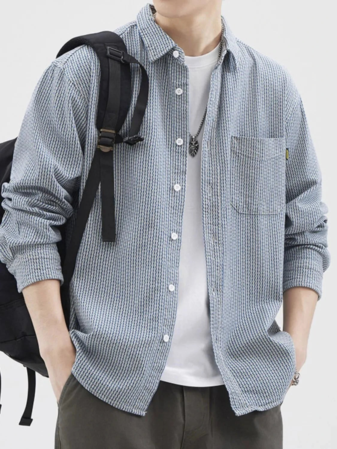 Men's Plus Size Striped Button Up Long Sleeve Shirt Blue / M