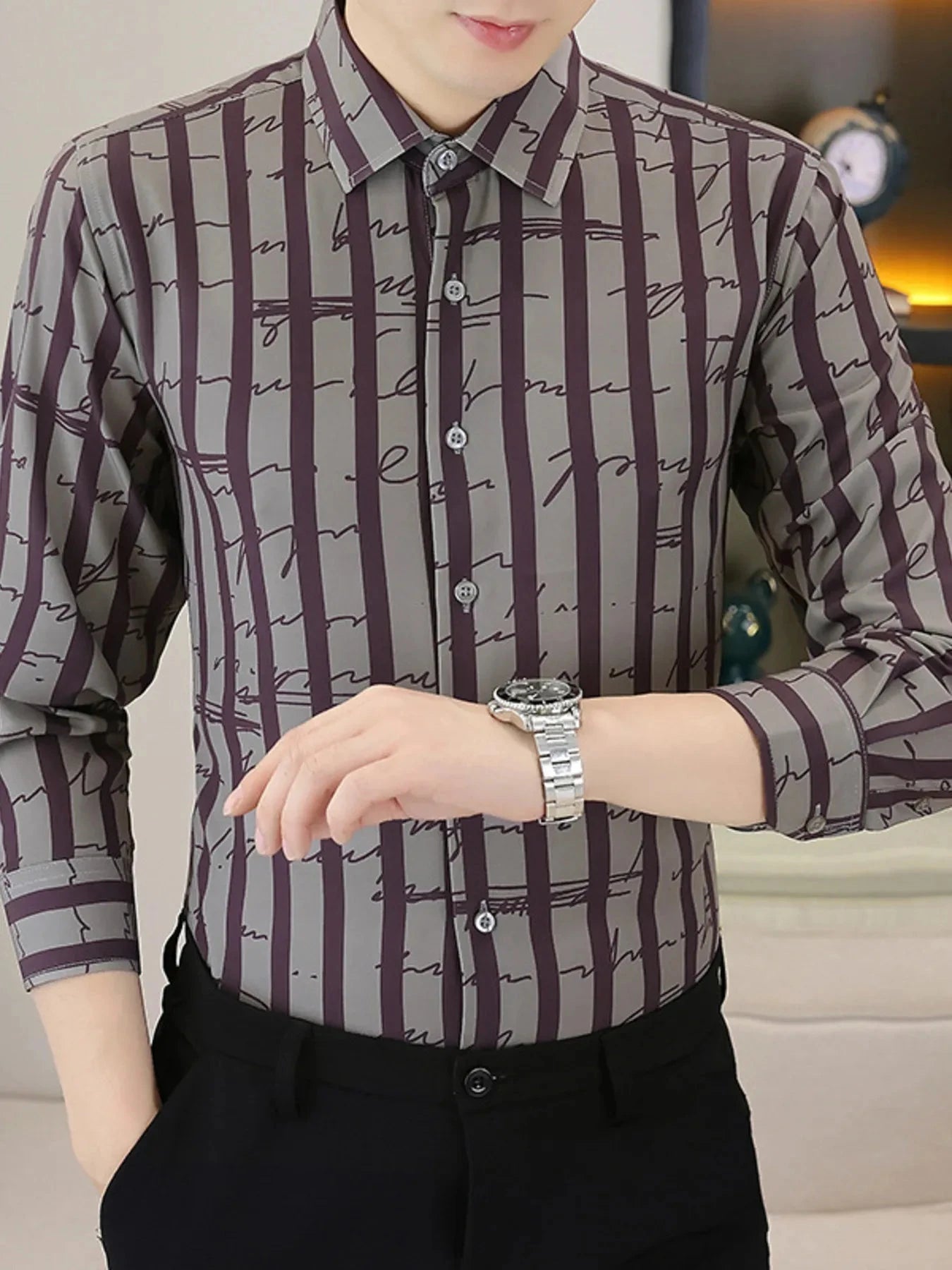 Men's Plus Size Striped Button Up Long Sleeve Shirt Burgundy / M
