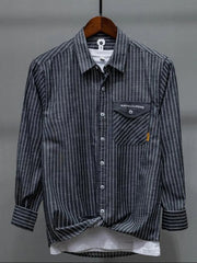 Men's Plus Size Striped Button Up Long Sleeve Shirt Dark Gray / M