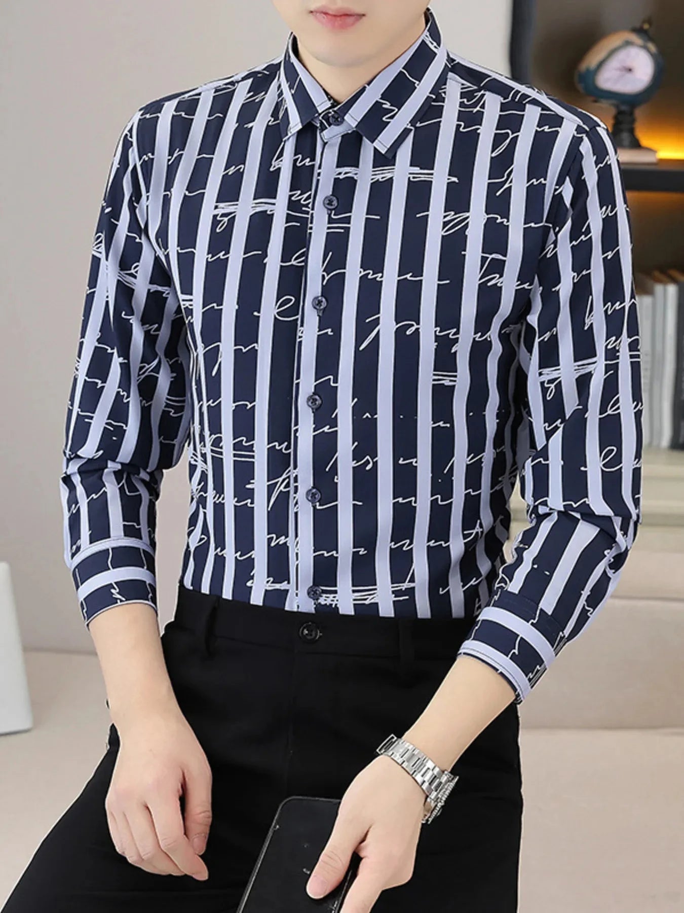 Men's Plus Size Striped Button Up Long Sleeve Shirt Dark Navy / M