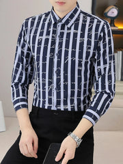 Men's Plus Size Striped Button Up Long Sleeve Shirt Dark Navy / M