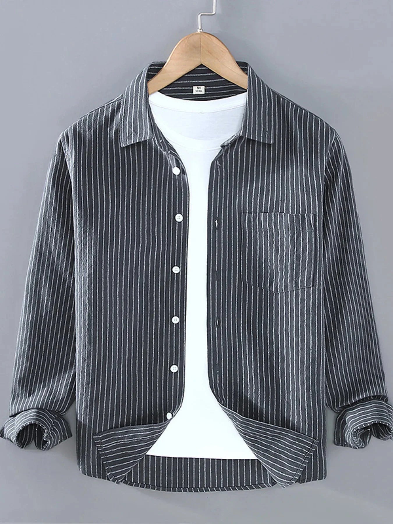 Men's Plus Size Striped Button Up Long Sleeve Shirt Gray / M