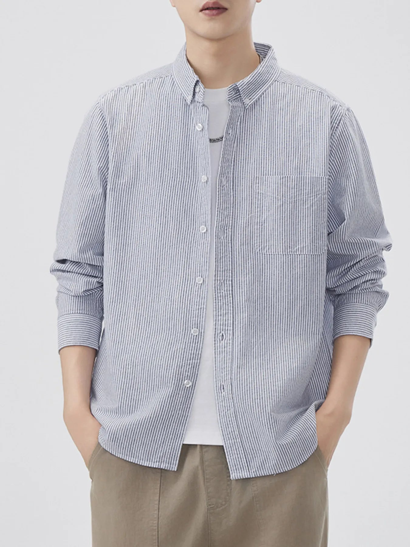 Men's Plus Size Striped Button Up Long Sleeve Shirt Gray Stripes / M