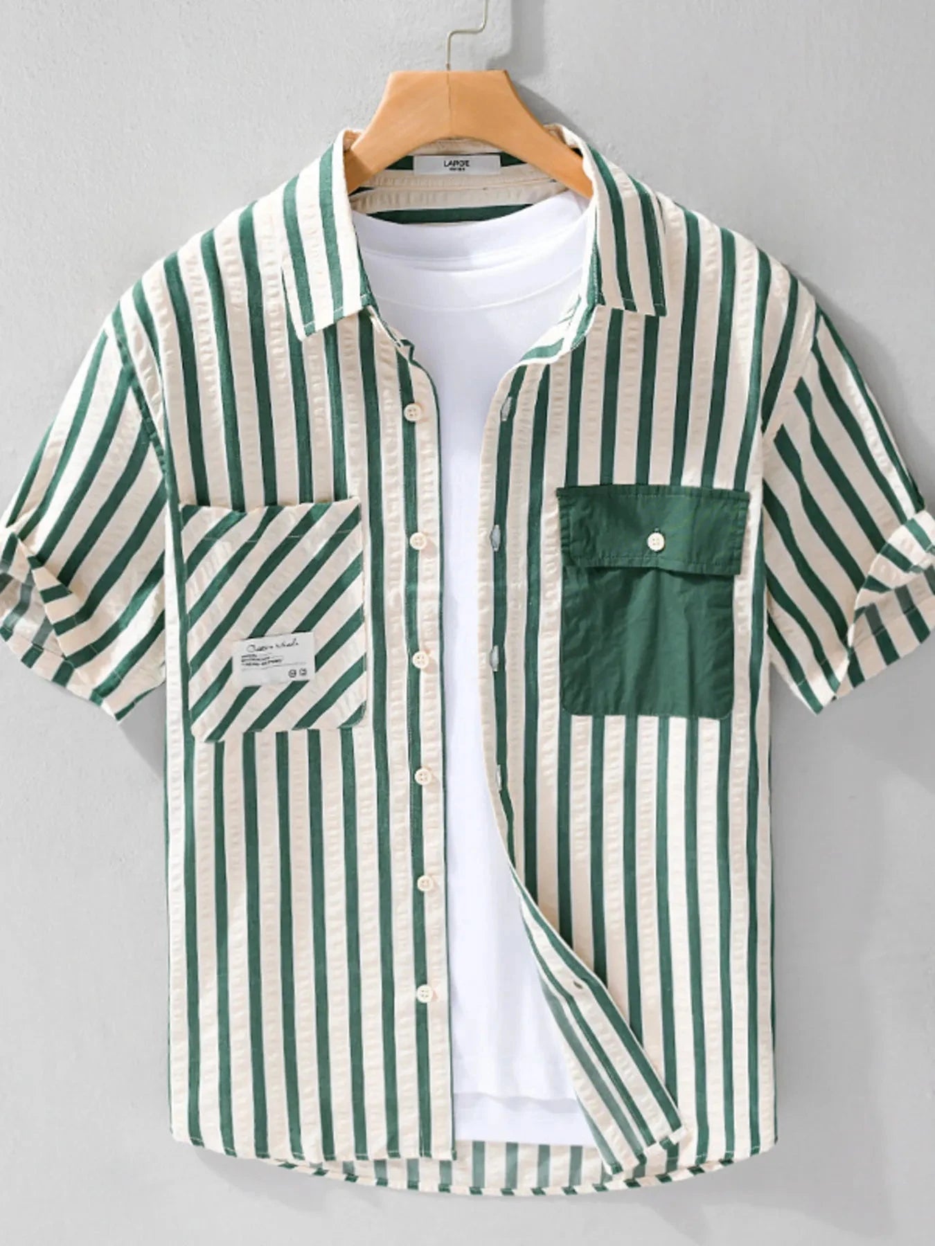Men's Plus Size Striped Button Up Short Sleeve Shirt Green / M