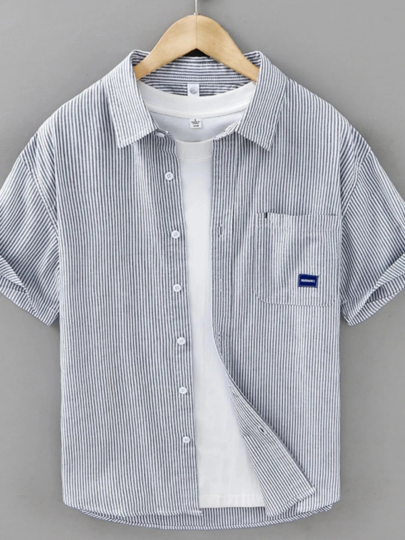 Men's Plus Size Striped Button Up Short Sleeve Shirt Grey / M